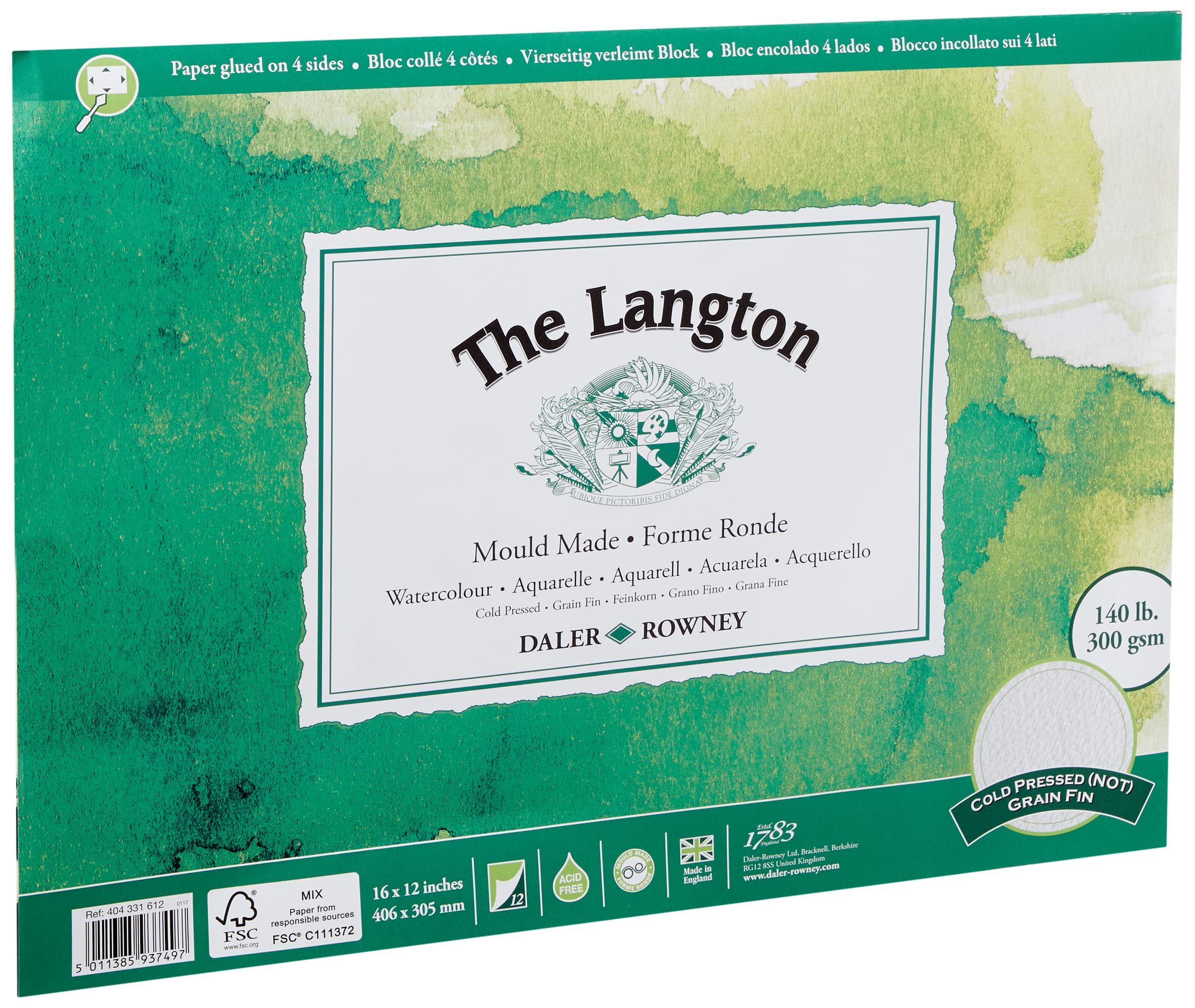 Daler-Rowney The Langton Watercolour Paper, Cold Pressed, 300 gsm, 140lb, Pad, Glued 4 Sides, 16 x 12in - 40.6 x 30.5 cm, Natural White, 12 Sheets