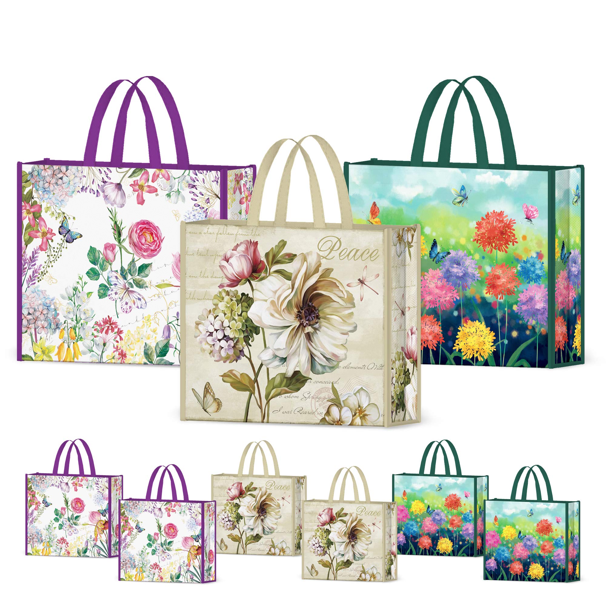 NymphFable 6 Pack Grocery Bags Reusable Peony Colorful Flowers Butterflies Shopping Bags Washable Foldable Large Tote Bag