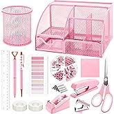 Fayoo 11 Pcs Pink Office Supplies Set Mesh Desk Organizer Accessories Kit include Stapler Tape Dispenser Staple Remover Clips Ruler Scissors Sticky Notes for Office School Home Women (Pink)