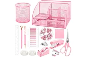 FAYOO 11 Pcs Pink Office Supplies Set Mesh Desk Organizer Accessories Kit Include Stapler Tape Dispenser Staple Remover Clips Ruler Scissors Sticky Notes for Office School Home Women (Pink)