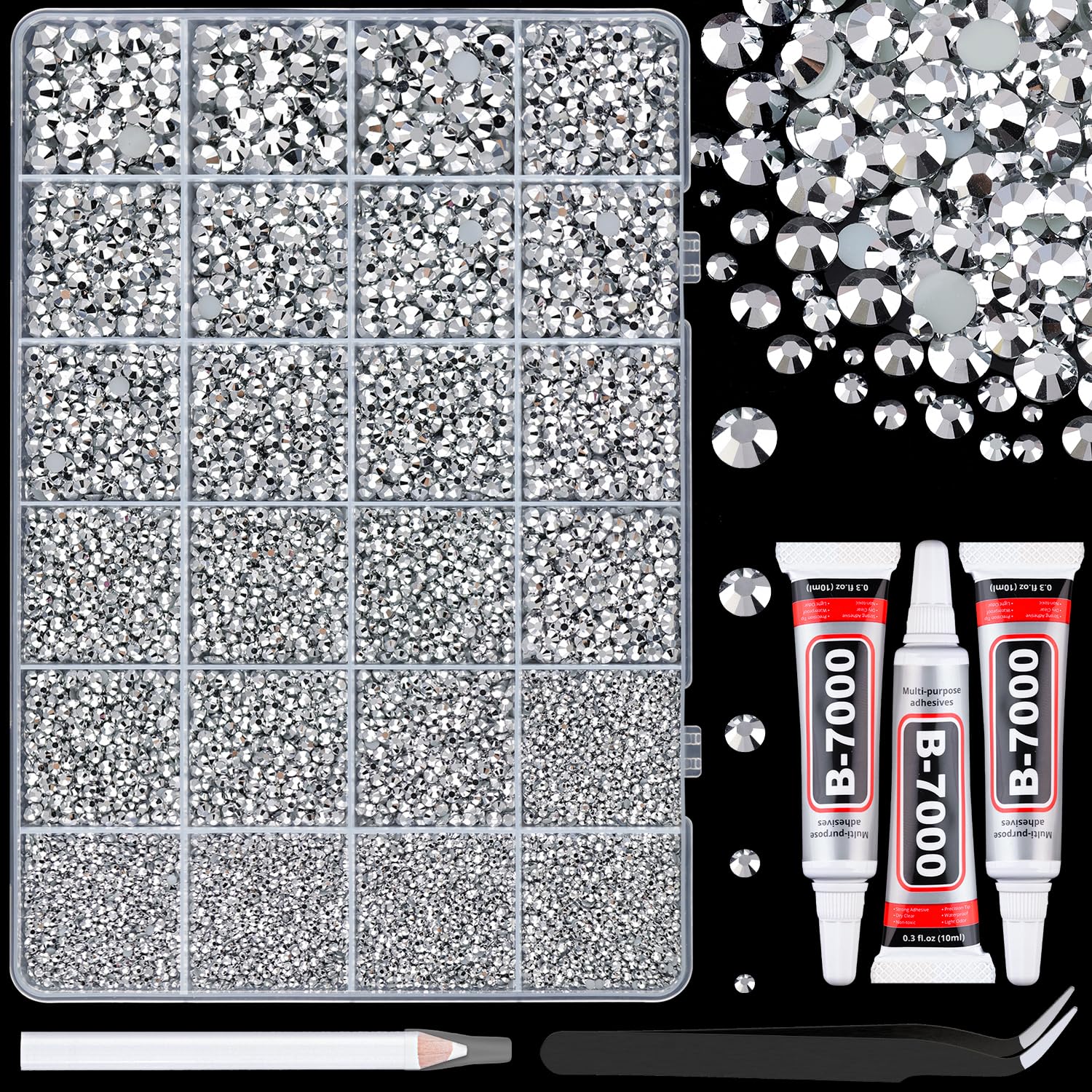 Photo 1 of 25000Pcs Resin Rhinestones with Tweezers for Crafting, Silver 2-6mm Mixed Sizes Bedazzling Crystal with 3Pcs 10ml B7000 Jewelry Glue for DIY Crafts Clothing Tumblers Shoes Fabric Nail Art