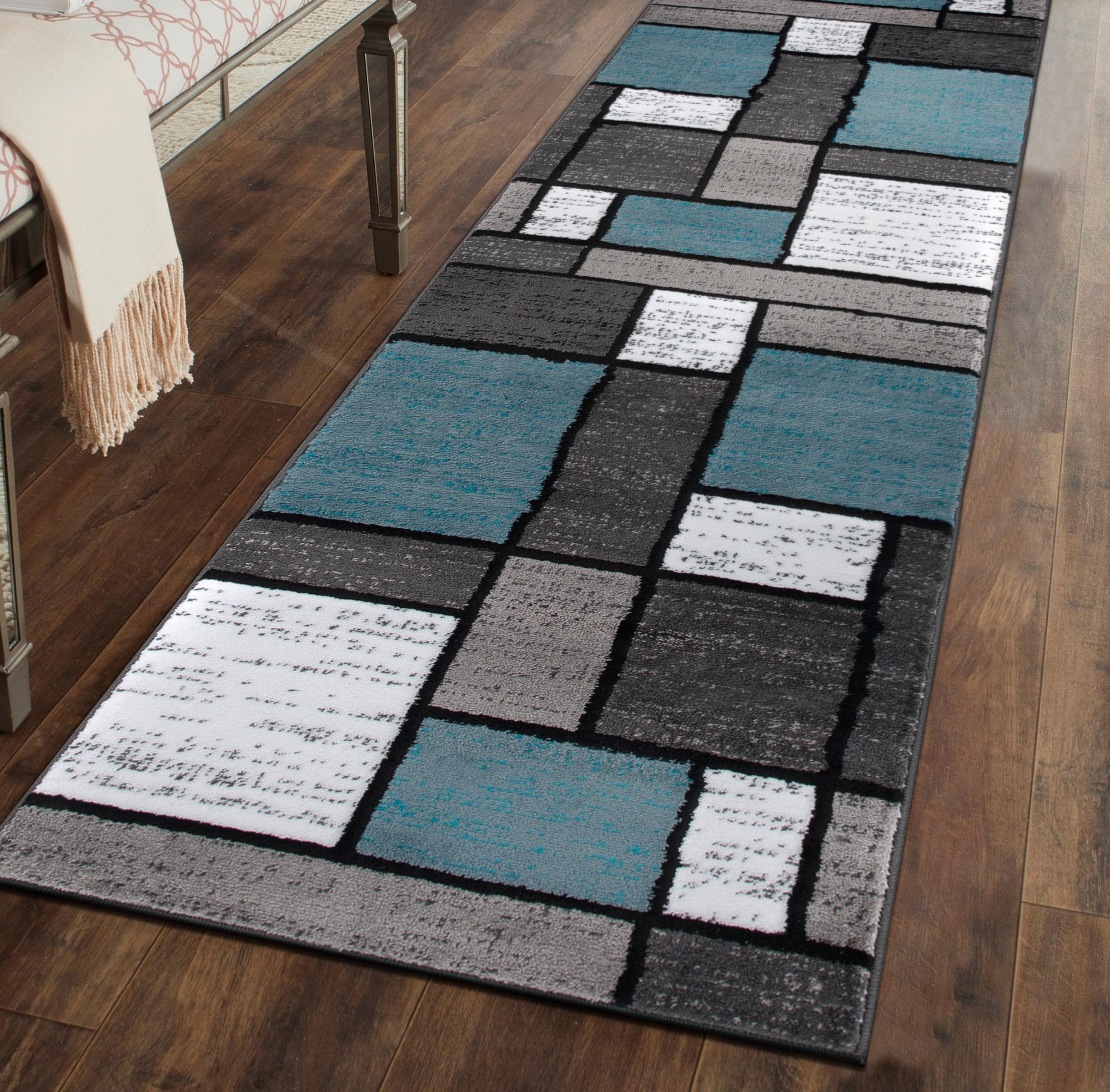 Rugshop Contemporary Modern Boxes for Home Office,Living Room,Bedroom,Kitchen Non Shedding Runner Rug 2'7" x 6' Blue Image