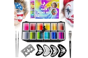 ADIS&GUYS ART SUPPLY Face Paint Kit for Kids – Twin Palette with 12 Split Cake Colors, 3 Brushes & 5 Reusable Stencils – Non-Toxic, Paraben-Free, Easy to Use & Wash Off – Ideal for Parties, Halloween & Playtime.