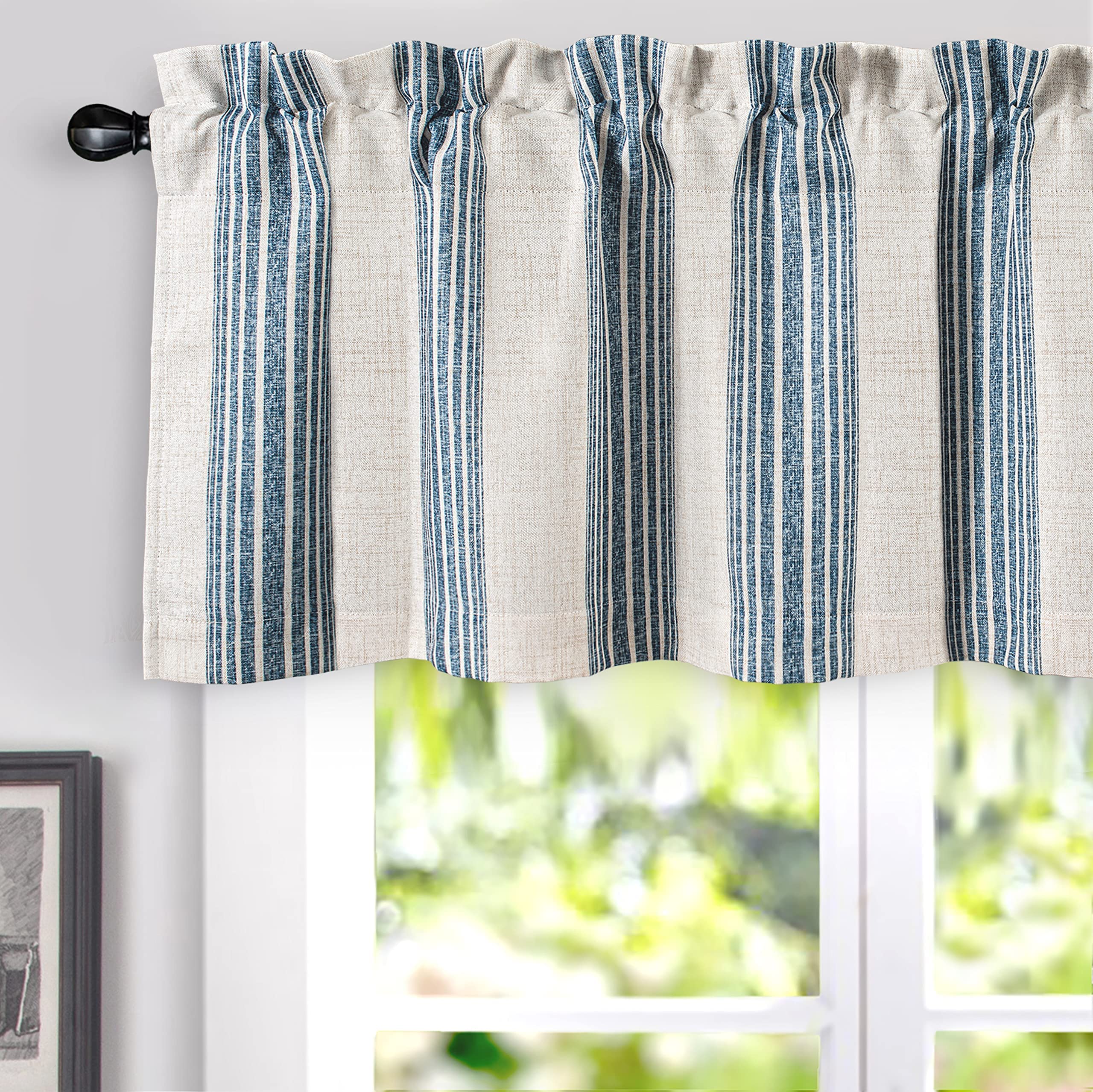 Photo 1 of DriftAway Chris Linen Lined Valance Double Layer Thermal Insulated Room Darkening Blackout Window Valances 3 Inch Rod Pocket Vertical Striped Kitchen Valance for Bathroom 52 Inch by 14 Inch Jean Navy