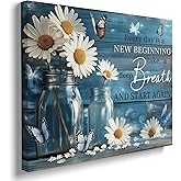 Canvas Wall Art Framed Daisy Butterfly Mason Jar Cottagecore Shabby Chic Vintage Botanical Textured Serene Calming Floral Blue Wall Decor for Bathroom Sunroom Positive Affirmation Decor 12x16 Inches