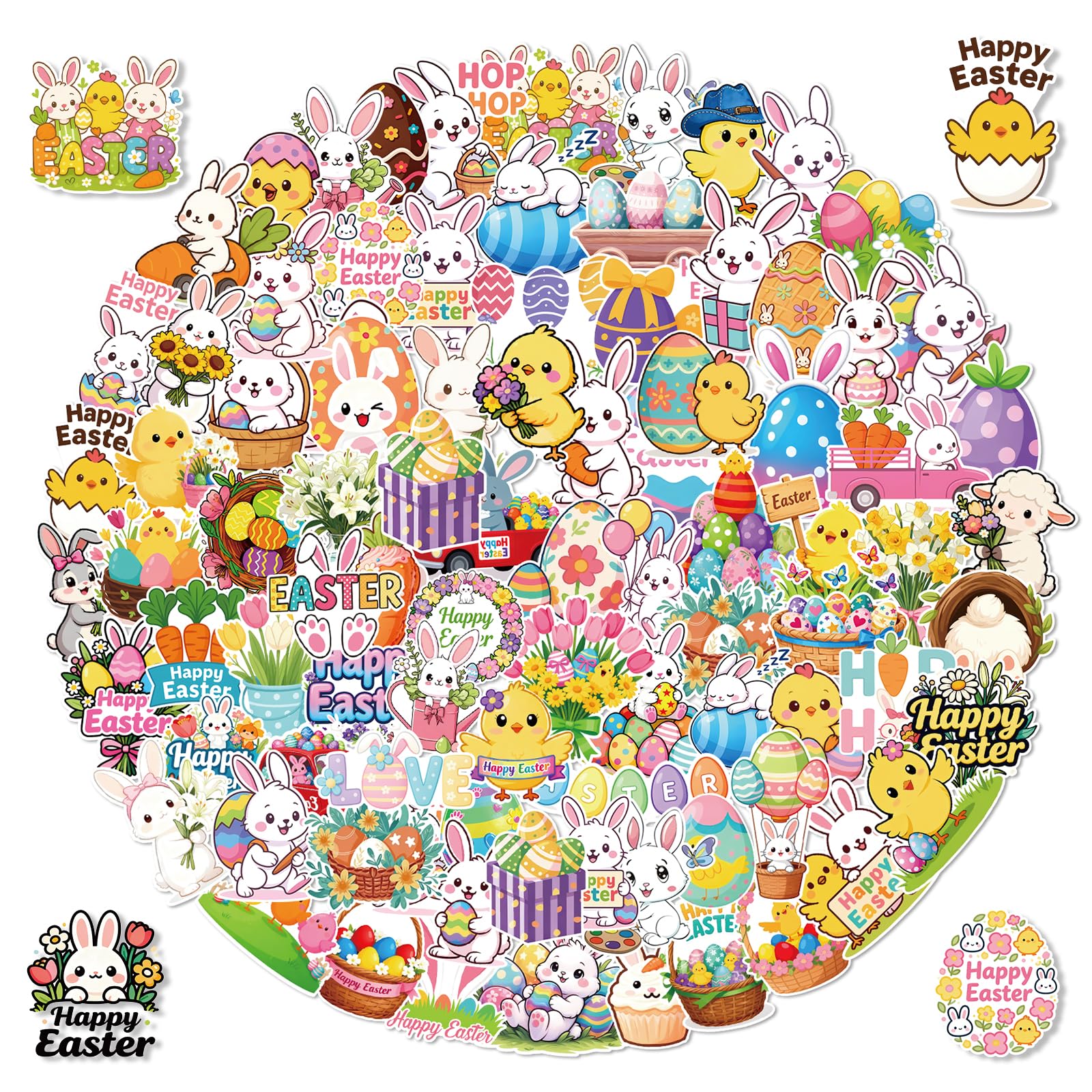 G2PLUS 100PCS Easter Stickers: Waterproof Vinyl Cute Bunny, Egg & Spring Stickers for Easter Crafts, Scrapbooking, Journals, Laptop, Water Bottle, DIY Decorations