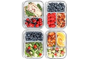 FIT Strong & Healthy 2 & 3 Compartment Glass Meal Prep Containers (4 Pack, 32 oz) - Glass Food Storage Containers with Lids, Lunch Containers For Adults, Portion Control, Airtight, Oven & Freezer safe