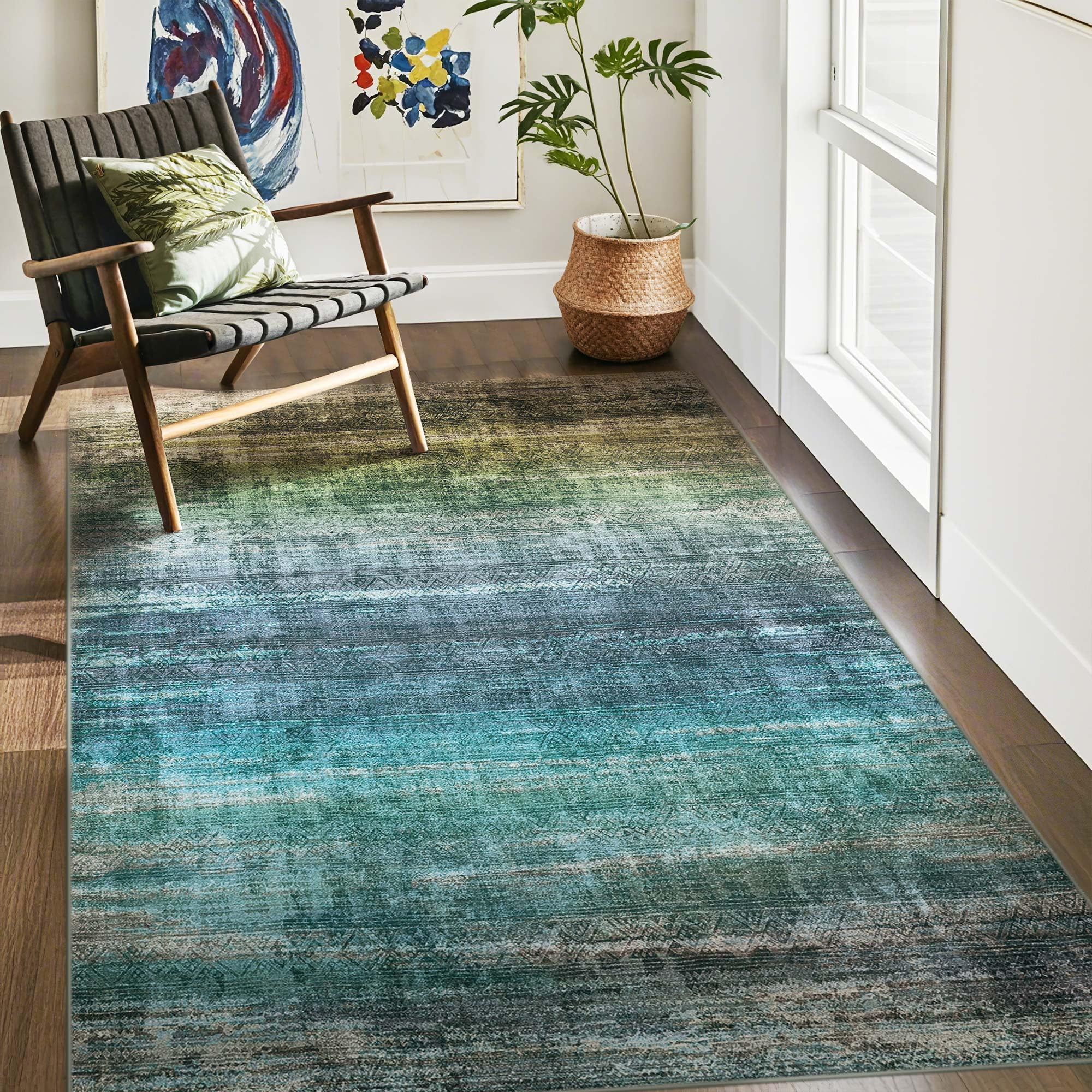 Photo 1 of Kokia Abstract Washable Area Rug Living Room Washable 4x6 Non-Slip Stain Resistant Bohemian Rug Soft Indoor Vibrant Blue Carpet for Bedroom Room Decor, Oslo Teal