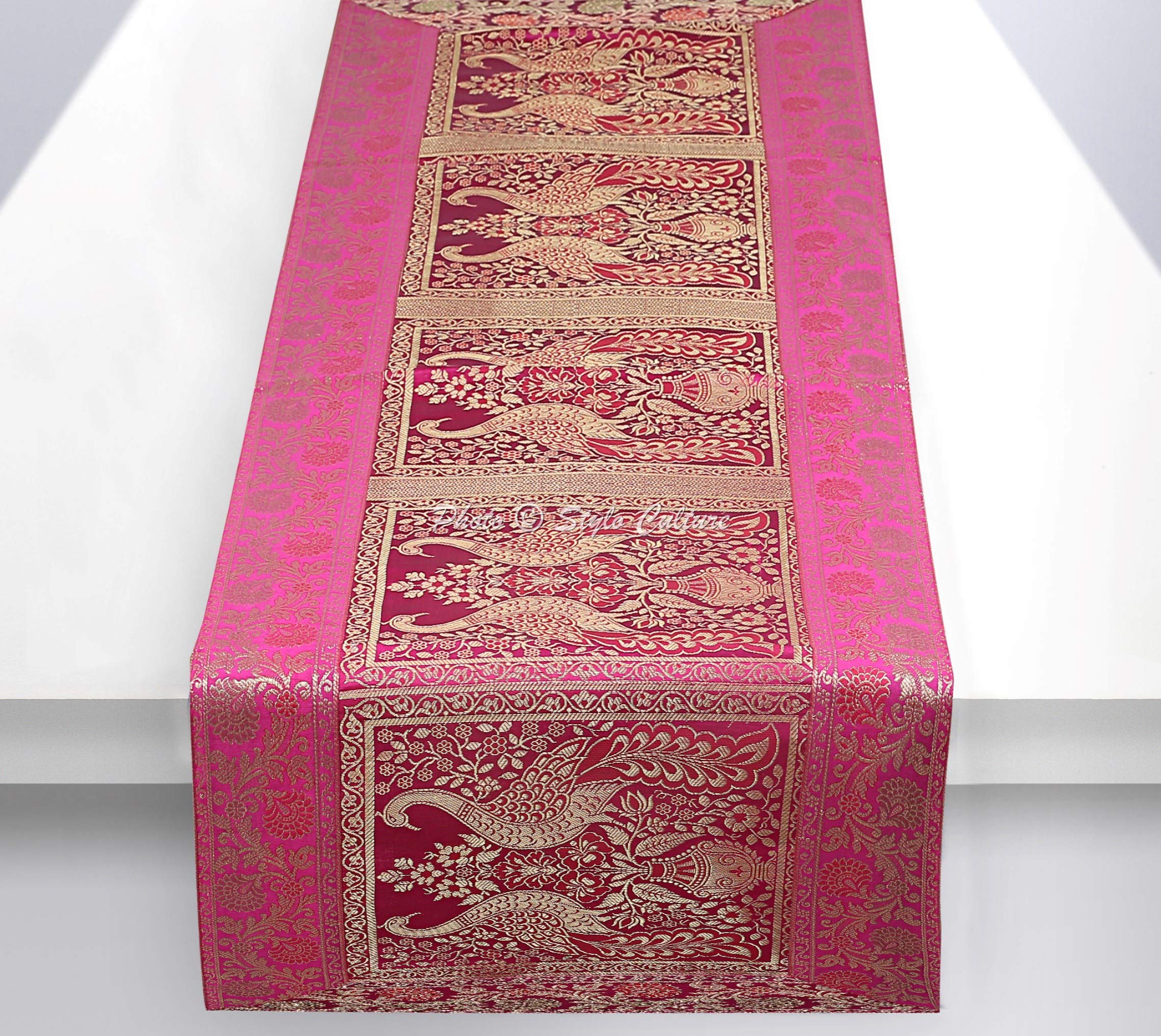 Stylo Culture Indian Coffee Table Runner Magenta Gold Peacock Floral Brocade Jacquard Rectangle Home Decor Ethnic Extra Long Tablecloth | 60x16 Inches ( 152 x 40 cm)
