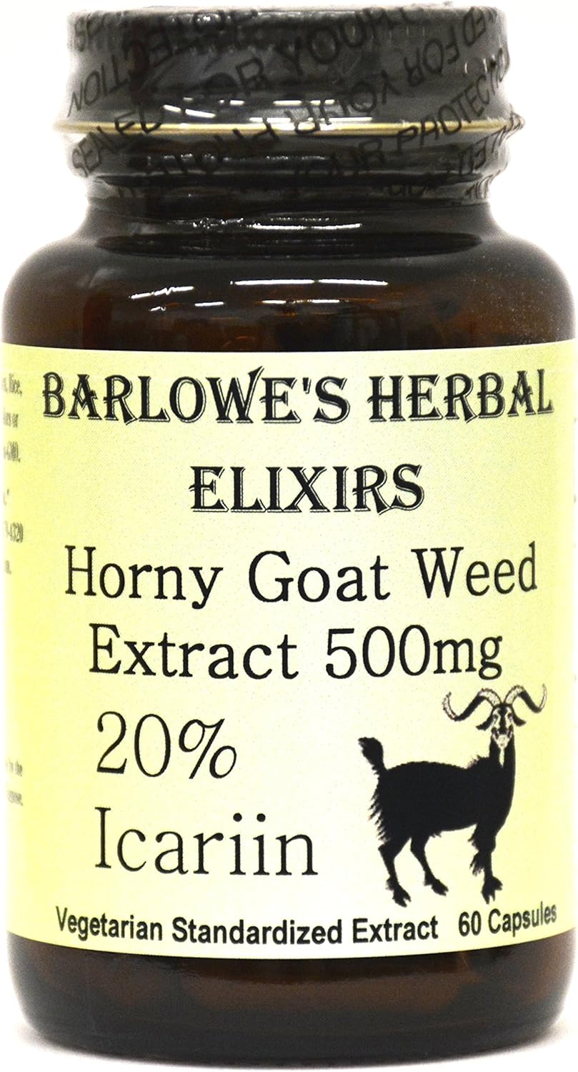 Horny Goat Weed Extract - 20% Icariin - 60 500mg Vegicaps - Stearate Free, Bottled in Glass! Free Shipping on Orders Over $49!: Health & Personal Care