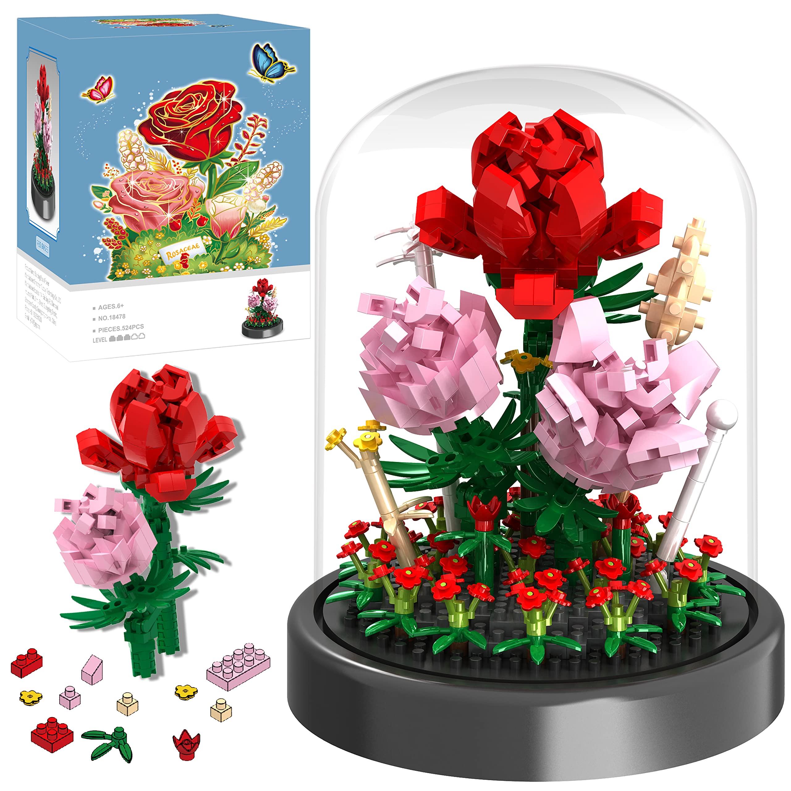 Photo 1 of Flower Bouquet Building Kit, 524 Pcs Mini Bricks Building Blocks Sets, Forever Rose Decorated Flower with Dust Cover, Valentine's Day Gifts for Her Mom Women (Rose Flower)