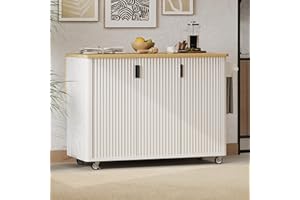 Yayzy 51”W Farmhouse Rolling Kitchen Island with Drop-Leaf Table, Grooved Panel Design, Kitchen Island Cart with Storage Shelves, Towel Rack & Wheels, White Ash