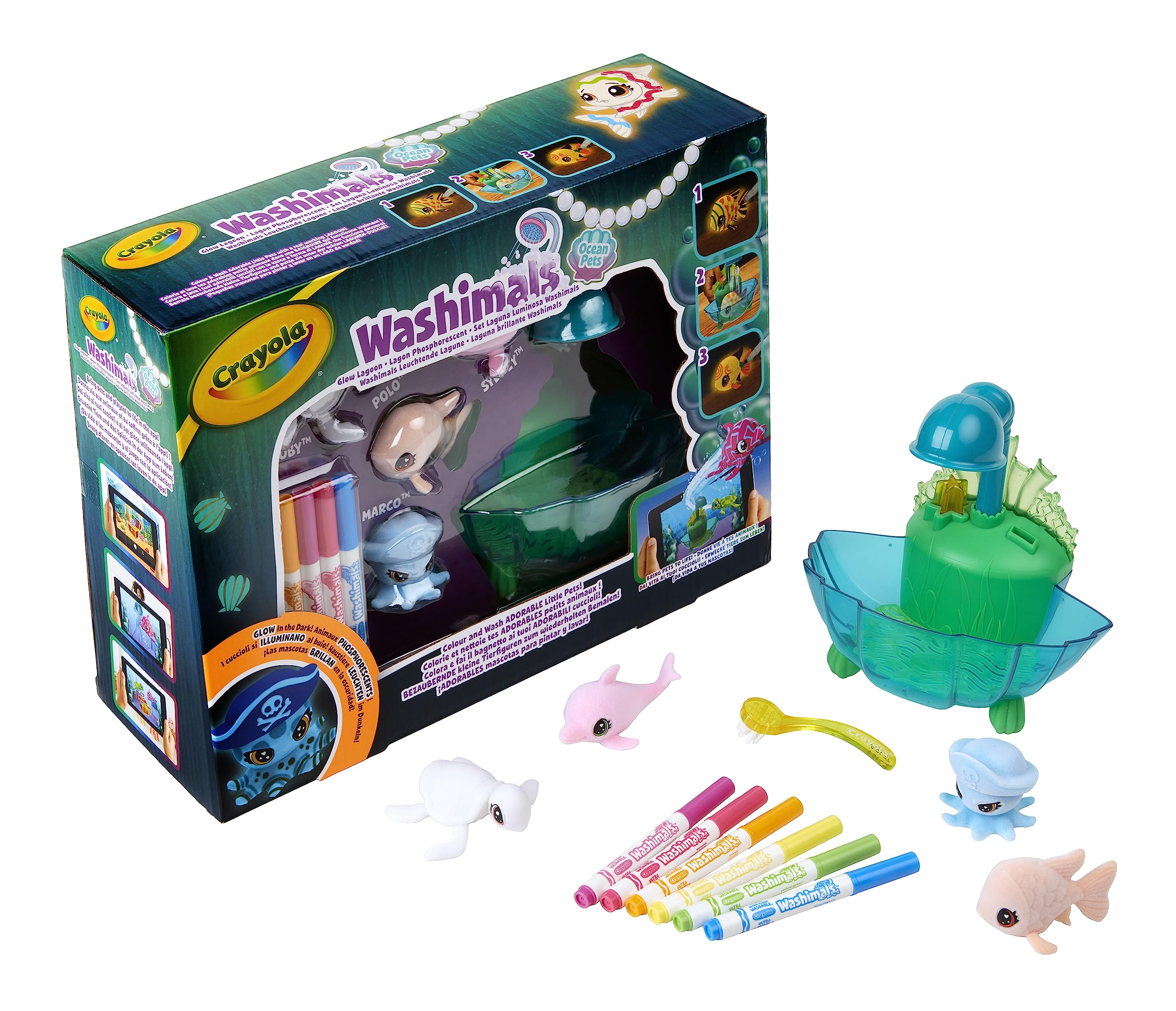 CRAYOLA Washimals Pets - Ocean Glow Lagoon Playset | Colour Your Own Washimal Pets Again and Again | Includes 6 Washable Markers | Ideal for Kids Aged 3+