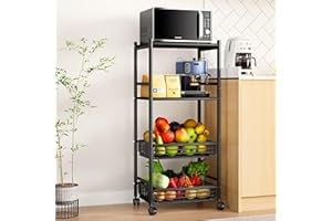 SAYZH Kitchen Microwave Stand Shelf - 4 Tiers Metal Bakers Rack with Casters, Coffee Bar Station with Storage, Black