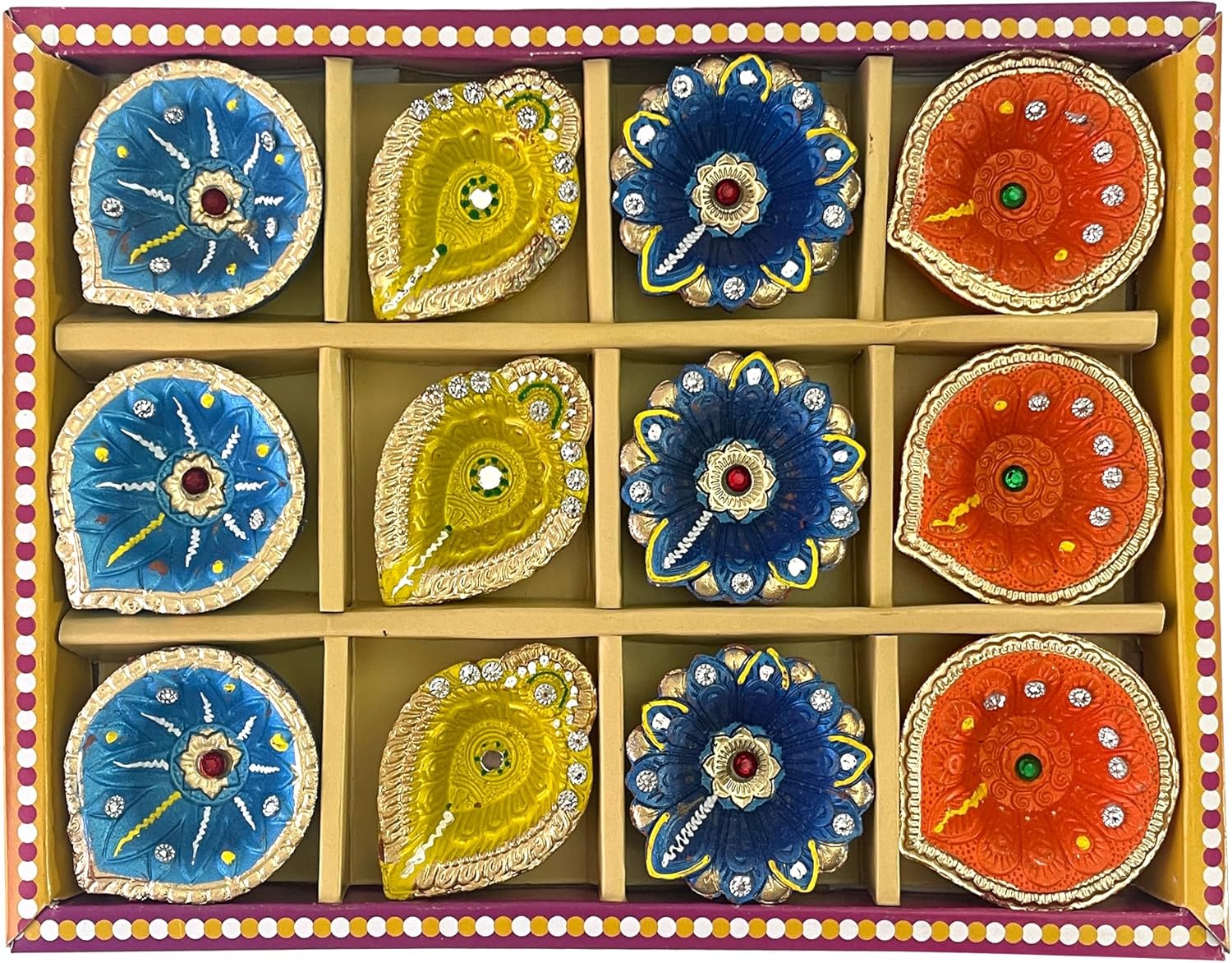 Oil Lamps & Accessories - KSJONE Handmade and Handpainted Earthen Clay Diyas for Diwali Pooja Festival Decoration Lights for Diwali Decoration Home Indoor Outdoor Decor with Cotton Wicks (Set of 12)