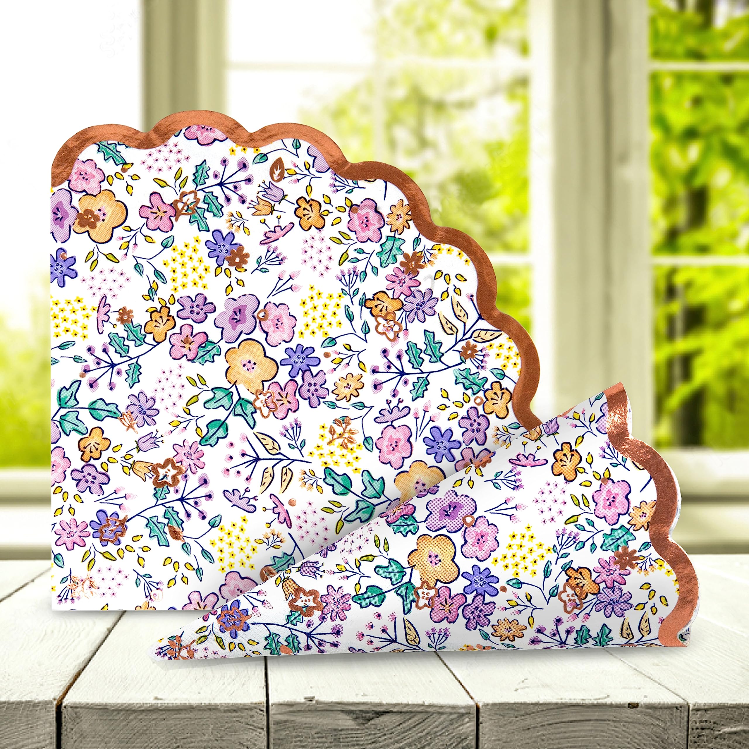 Hatton Gate Meadow Blooms Scallop Floral Paper Napkins 16 Per Pack, Gold