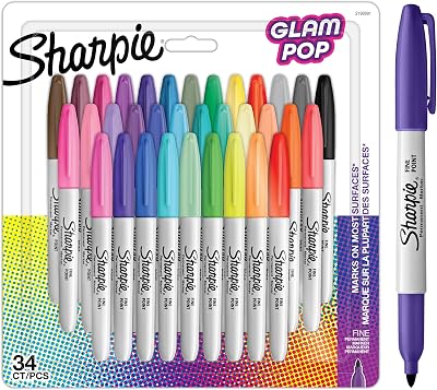 Sharpie Glam Pop Permanent Markers Fine Point 34 Assorted Colours
