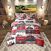 Erosebridal 7 Pcs Kids Tractor Bedding Sets Red Cartoon Tractor Quilt with Flat Fitted Sheet Twin Farm Vehicle Truck Bed in A Bag Equipment Construction Comforter Set Geometric Plaid Decor