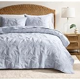 WDCOZY Blue Leaf Embroidered Quilt Set, King Size, Lightweight, 3 Pieces | Farmhouse Boho Style, Leaf Embroidery Design, Soft Lightweight, All-Season Comfort, Includes 2 Shams