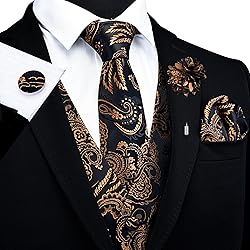 GUSLESON Mens Black Gold Vest Tie and Bow Tie Set