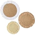 JIVANER Raffia wall baskets decor boho flat set of 3 | Woven straw grass round wall hanging wall art | Decorative bohemian chic flat basket wall decor set | Yarn paper handmade baskets in Vietnam