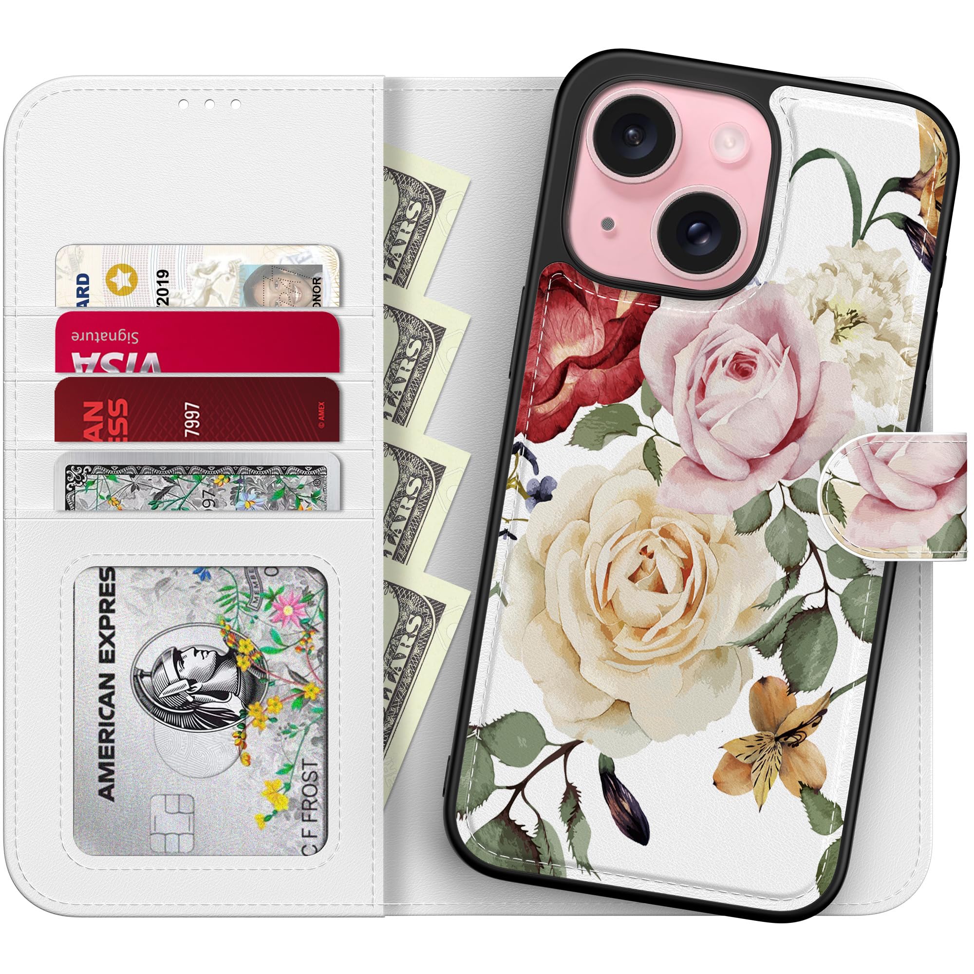 LUMARKE Designed for iPhone 15 Plus Wallet Case - Detachable Flip Folio Cover - RFID Blocking 4 Card Slots Holder - Leather Magnetic Kickstand - Protective Phone Case 6.7",ful Flowers