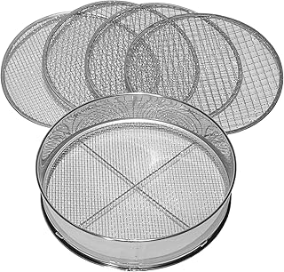 Siebmeister 5000, 5in1 Gartensieb, 5 austauschbare Siebeinsätze Ø 3, 5, 8, 10, 12 mm fein, für Erde, Steine, Kompost, Unkraut, Sand, Schotter und Saatgut, 30 cm rund, Metall, rostgeschützt