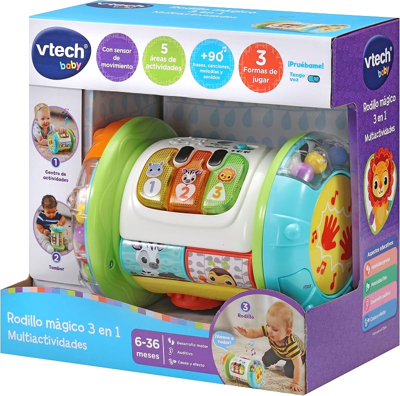 -Baby Rouleau Magique interactif 3 en 1, Jouet Multi-activités pour bébés à partir de 6 Mois, Tambour, Piano et Centre d'activités, Apprentissage de la Musique, enseigne Le vocabulaire de Base