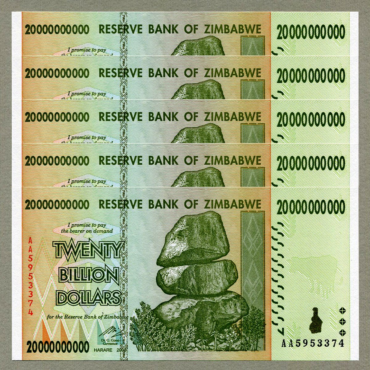 RBZ Collectibles Zimbabwe 20 Billion Dollars x 5 pcs 2008 P86 consecutive UNC currency bills