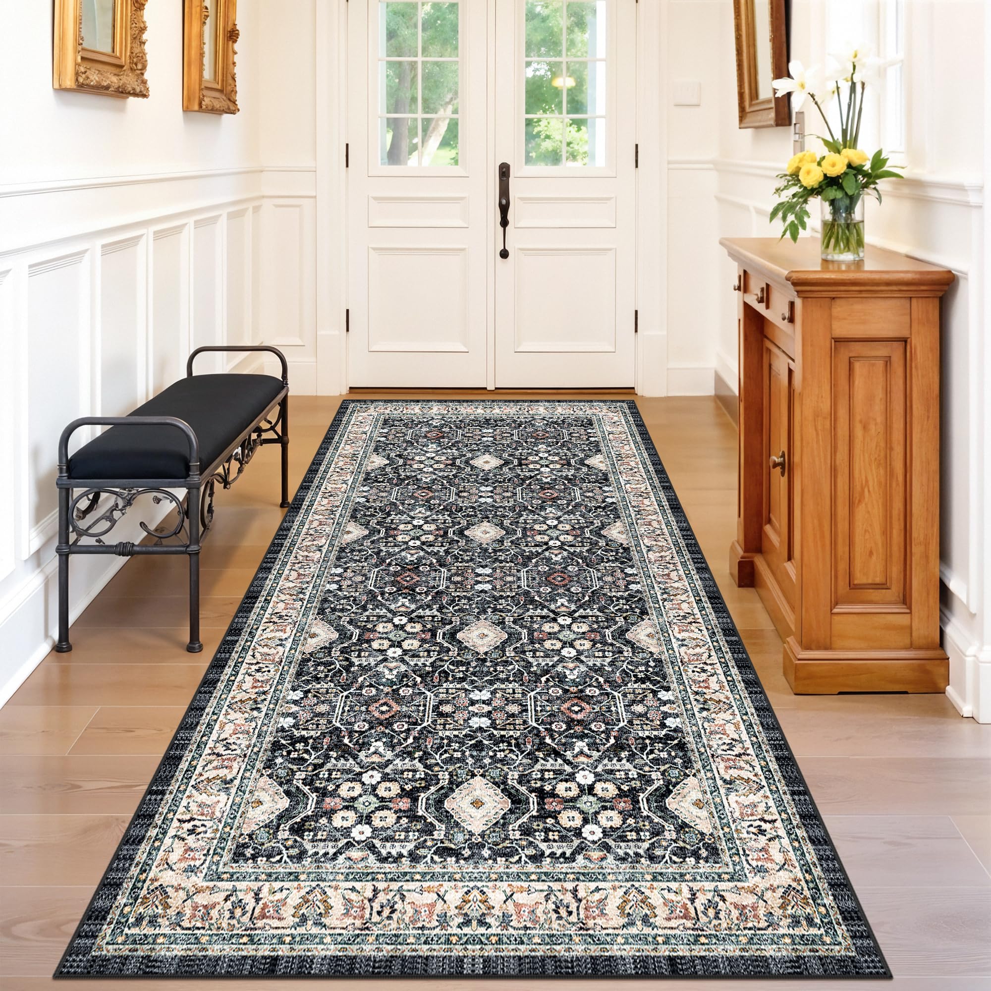 4x8 Washable Kitchen Area Rug: Farmhouse Stain-Resistant Rug for Living Room Bedroom Wide Soft Carpet for Entryway Dining Room Thin Hallway Floor Mat with Non Slip Backing Vintage Home Dcor(4x8,Black) Image