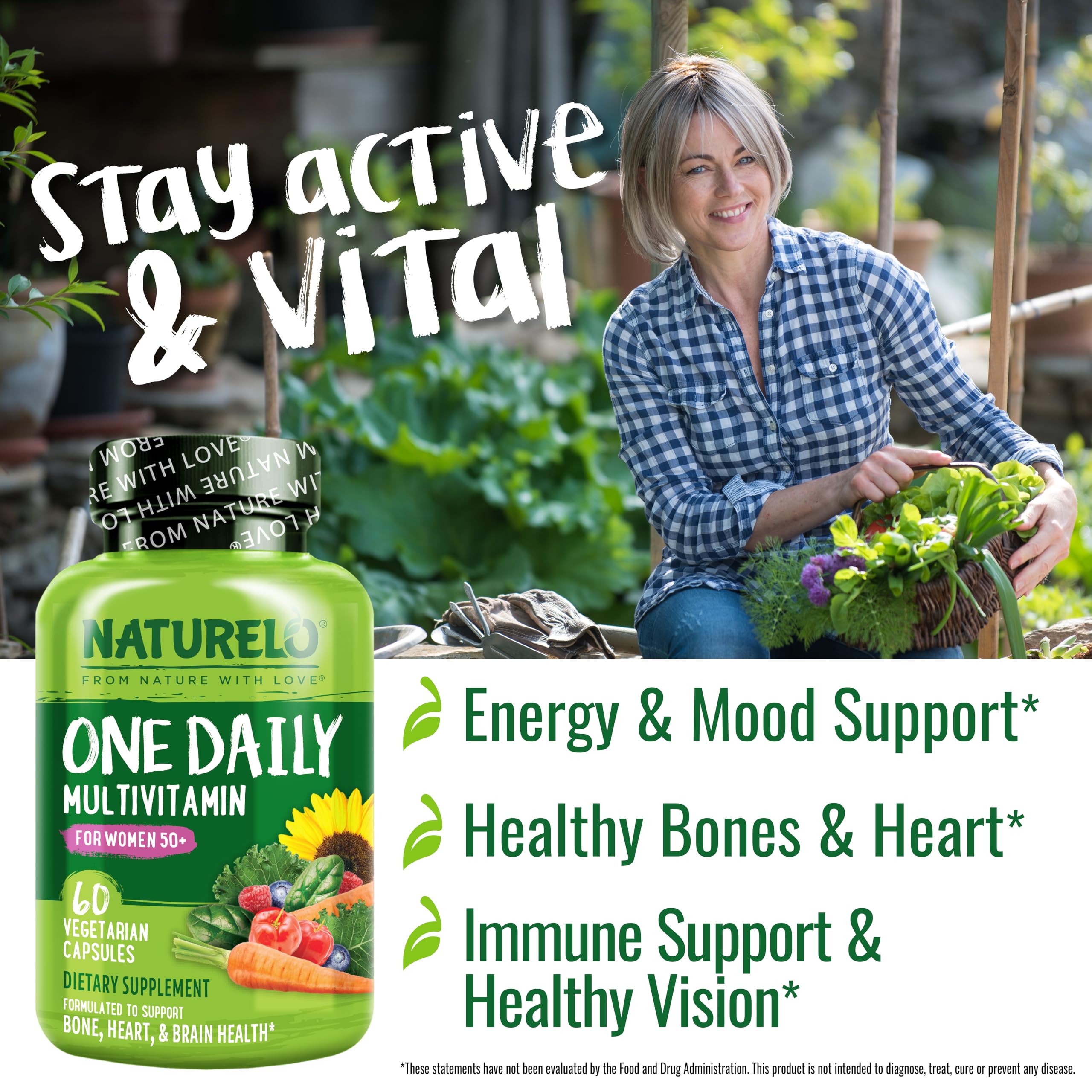 NATURELO One Daily Multivitamin for Women 50+ (Iron Free) - Menopause Support for Women Over 50 - Whole Food Supplement - Non-GMO - No Soy - 60 Capsules - 2 Month Supply