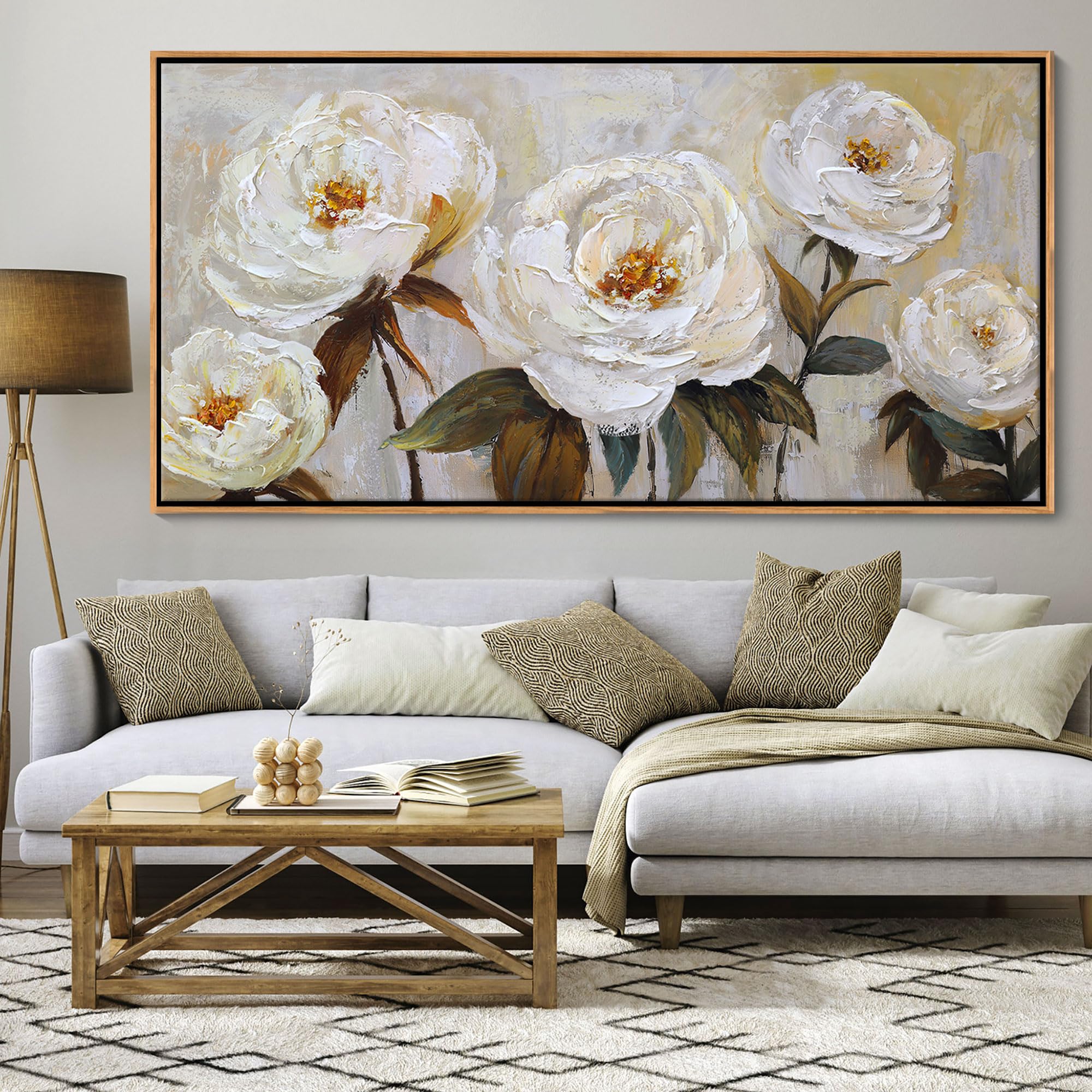 Photo 1 of Flower Canvas Wall Art Textured Floral Picture Wall Decor White Large Elegant Painting for Living Room Modern Artwork for Home Decor Pictures for Bedroom Wall Decor 24×48IN