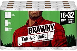 Brawny Tear-A-Square Paper Towels, 16 Double Rolls = 32 Regular Rolls, 3 Sheet Size Options, Quarter Size Sheets
