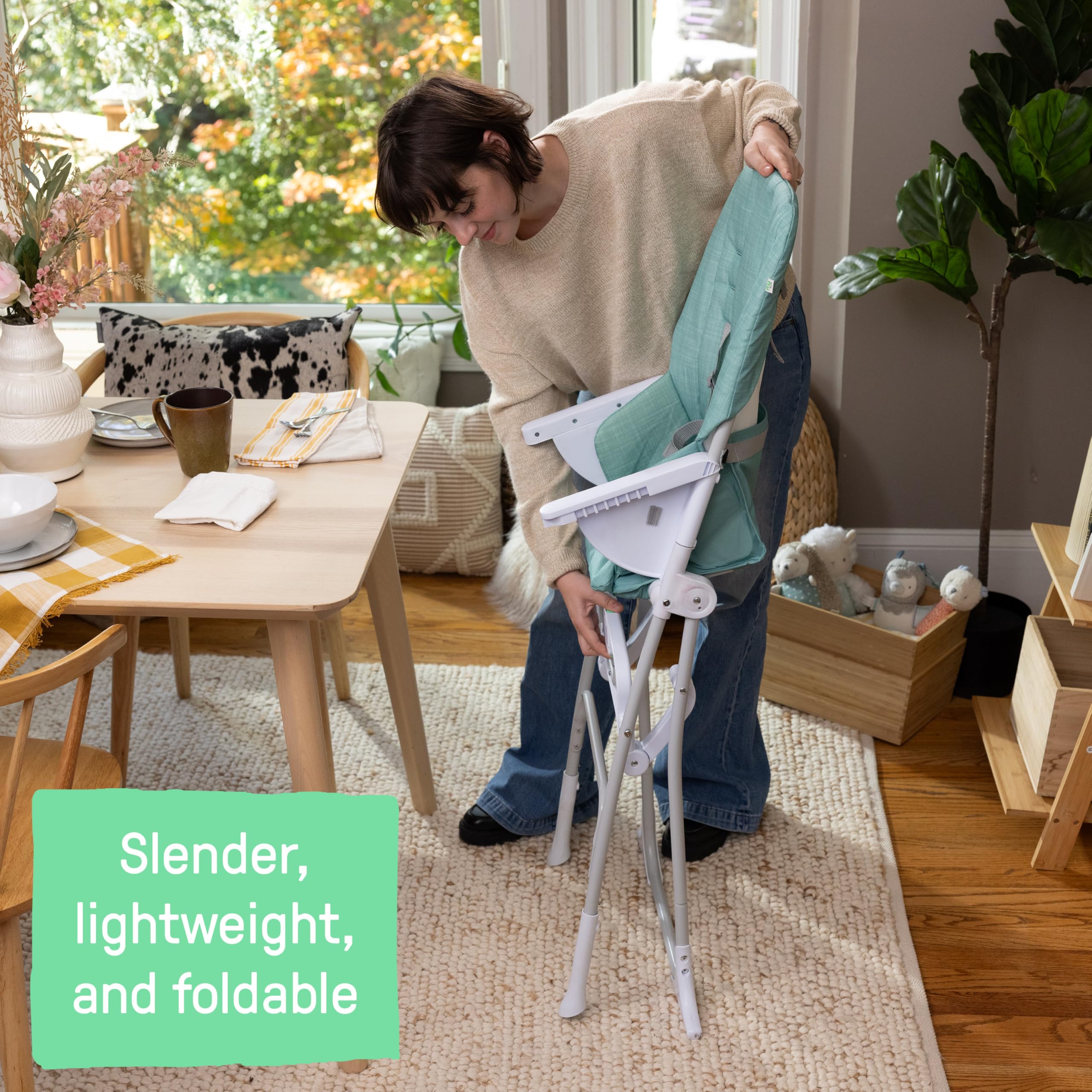 Ingenuity Sun Valley Compact Folding Baby High Chair, Food-Grade Safe Plate, 5-Point Harness, for Ages 6 Months and Up, Unisex - Teal