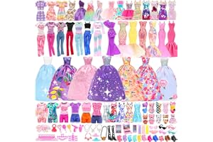 BARWA 70 Pack Doll Clothes and Accessories 5 Wedding Gown Dresses 9 Fashion Dresses Slip Dress 3 Tops 3 Pants 2 Swimsuits Bikini 16 Shoes 15 Hangers and 63 Accessories for 11.5 inch Doll