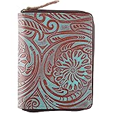 Passport Wallet - Travel Document Holder w/RFID Blocking – Full Grain Leather – Bifold compact zip around Wallet with Credit Card Slots for Women and Men,Turquoise floral,500-50