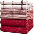 Premium Kitchen Towels (20”x 28”, 6 Pack) – Large Cotton Kitchen Hand Towels – Flat & Terry Towel – Highly Absorbent Tea Towels Set with Hanging Loop (Red Check)