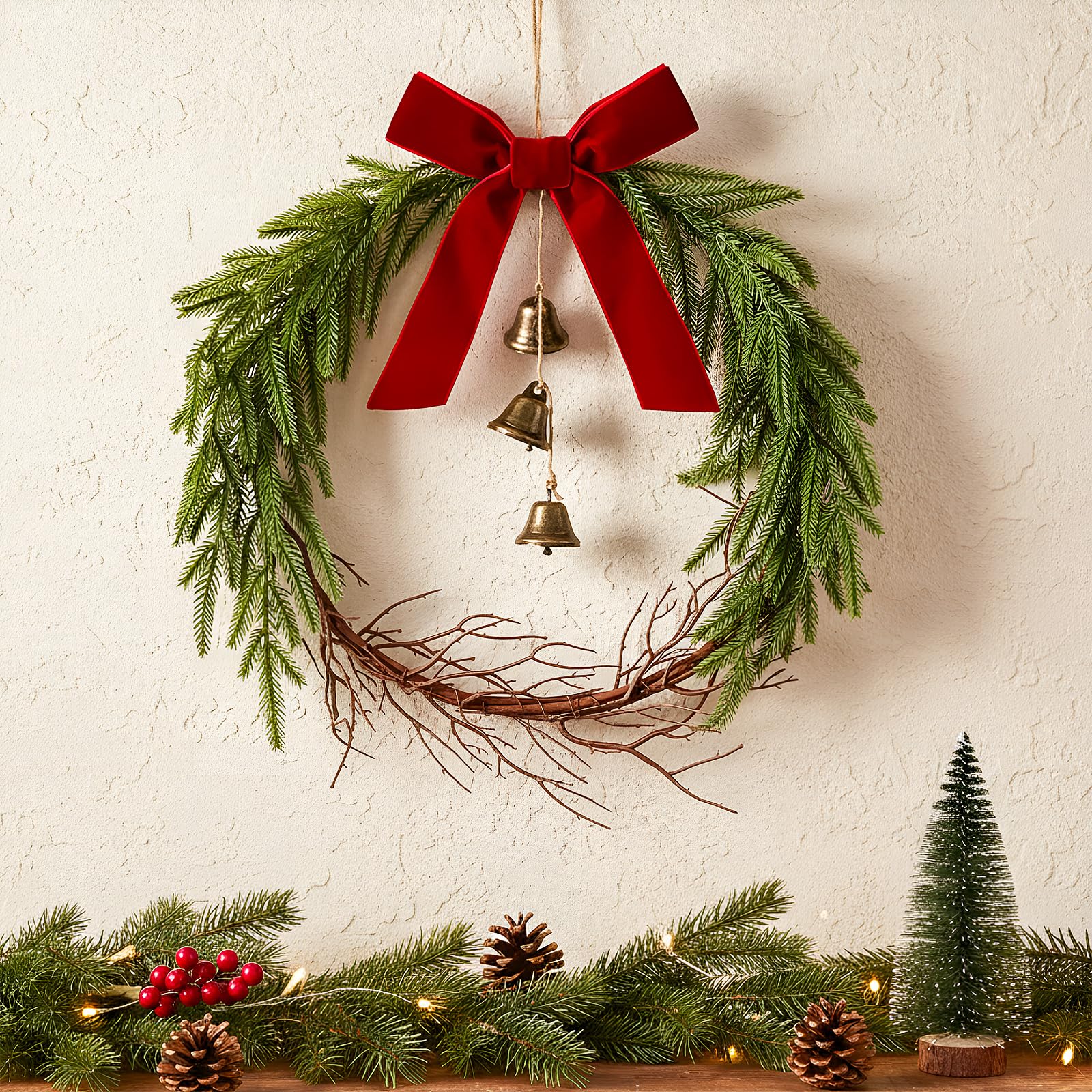 Photo 1 of 12 Inch Christmas Norfolk Pine Wreath with Velvet Ribbon Twig and Hanging Bells Christmas Wreath for Front Door Farmhouse Rustic Window Table Wall Mantel Holiday Xmas Decorations(Red,Norfolk Pine)