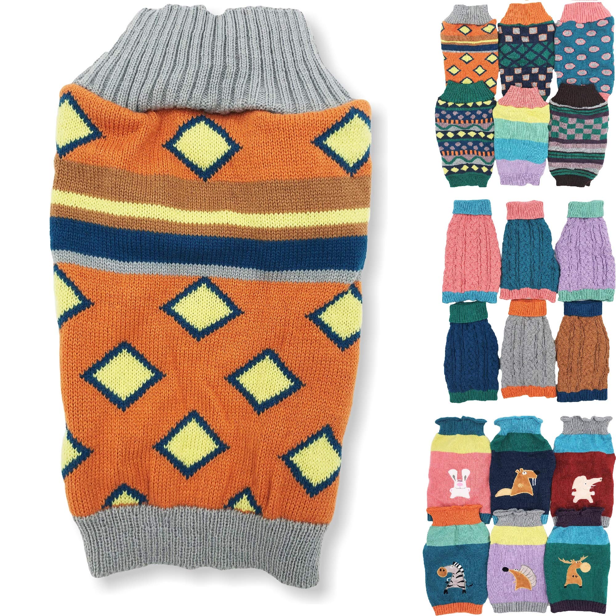 Dog Sweater Knitted Fashion Warm Soft Winter Clothes for Small Large Pet Cat Puppy (XS: Length - 10", Orange Rhombus)