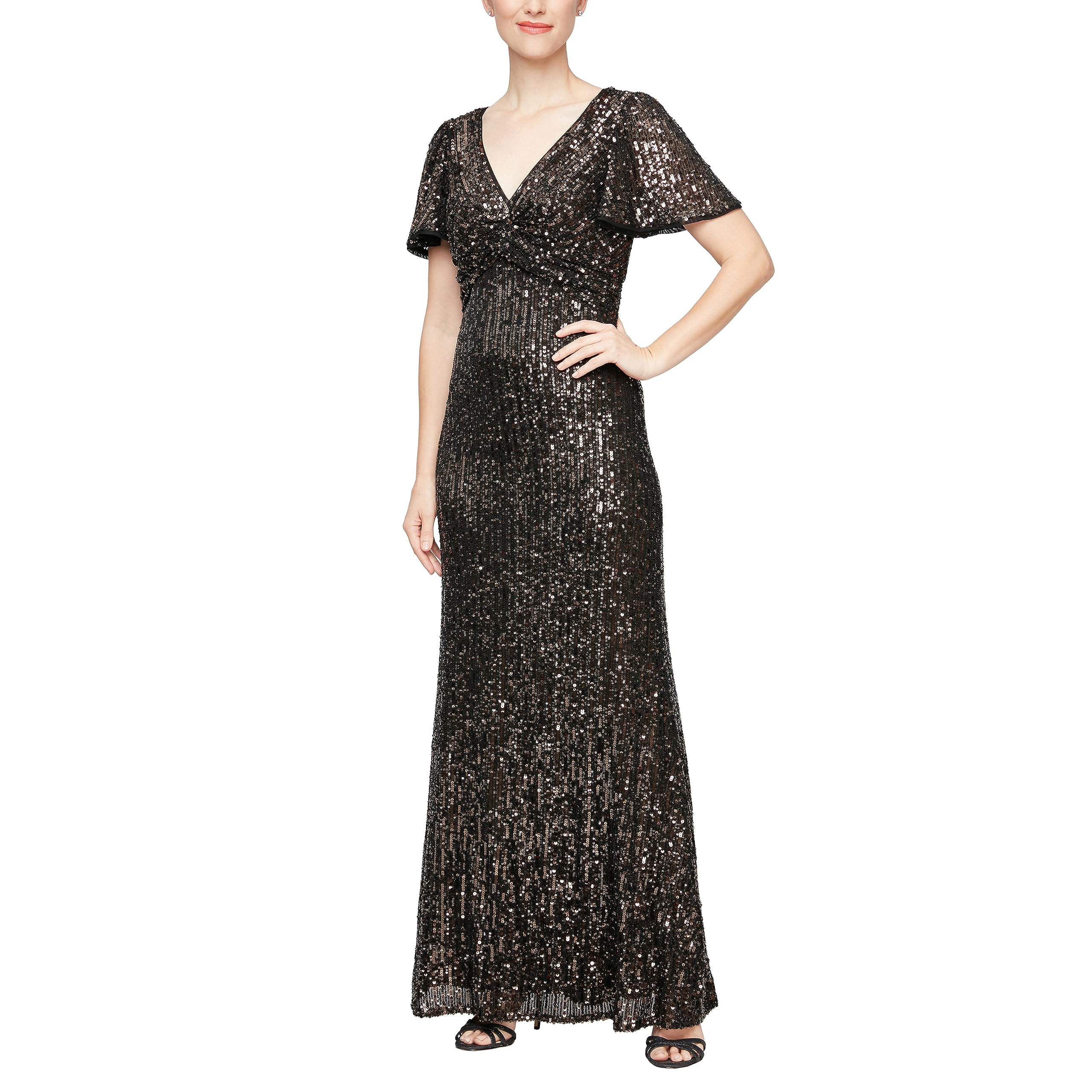 Alex Evenings Women’s Long Sequins Gown with Flutter Sleeves and Front Knot Detail, Black/Bronze, 4