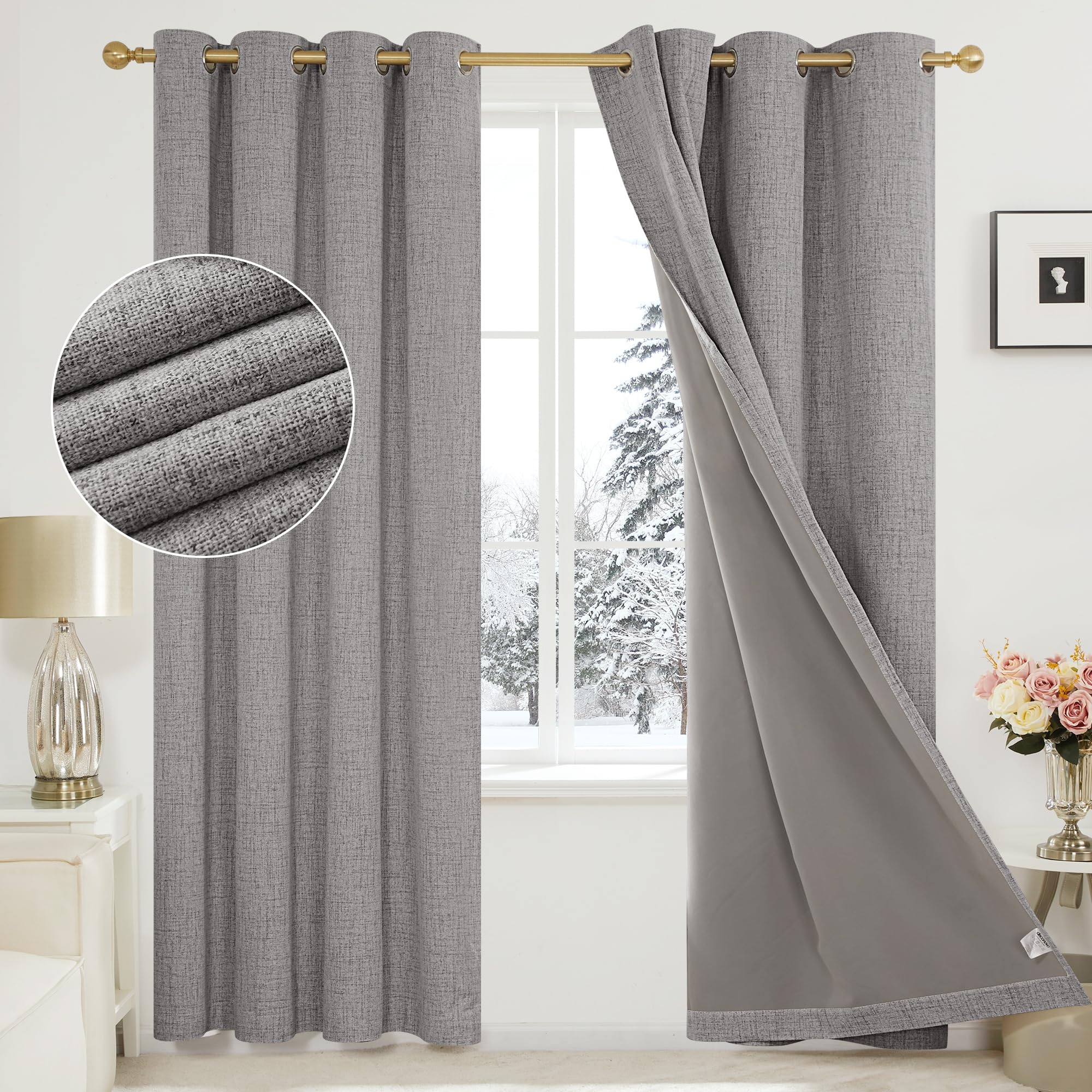 Deconovo 100% Blackout Curtains Eyelet 84 Inch Drop, Faux Linen Door Themal Curtains with Coating Back Layer for Living Room, 52 x 84 Inch(Width x Length), Light Grey, One Pair