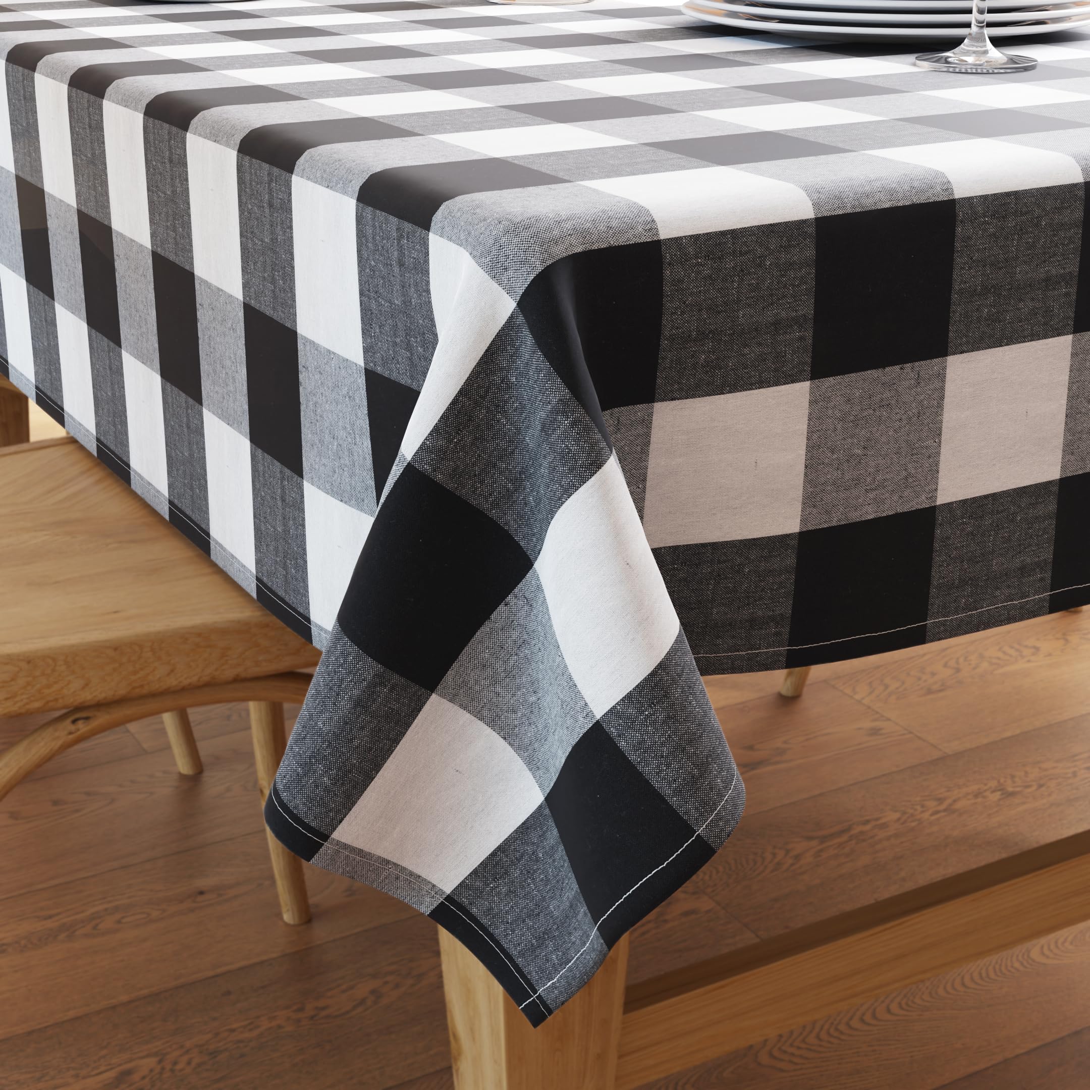 Encasa XO Dining Table Cover | 56"x72" Recycled Cotton Tablecloth | Buffalo Black Checks Design Table Cloth For Decoration - Machine Washable.