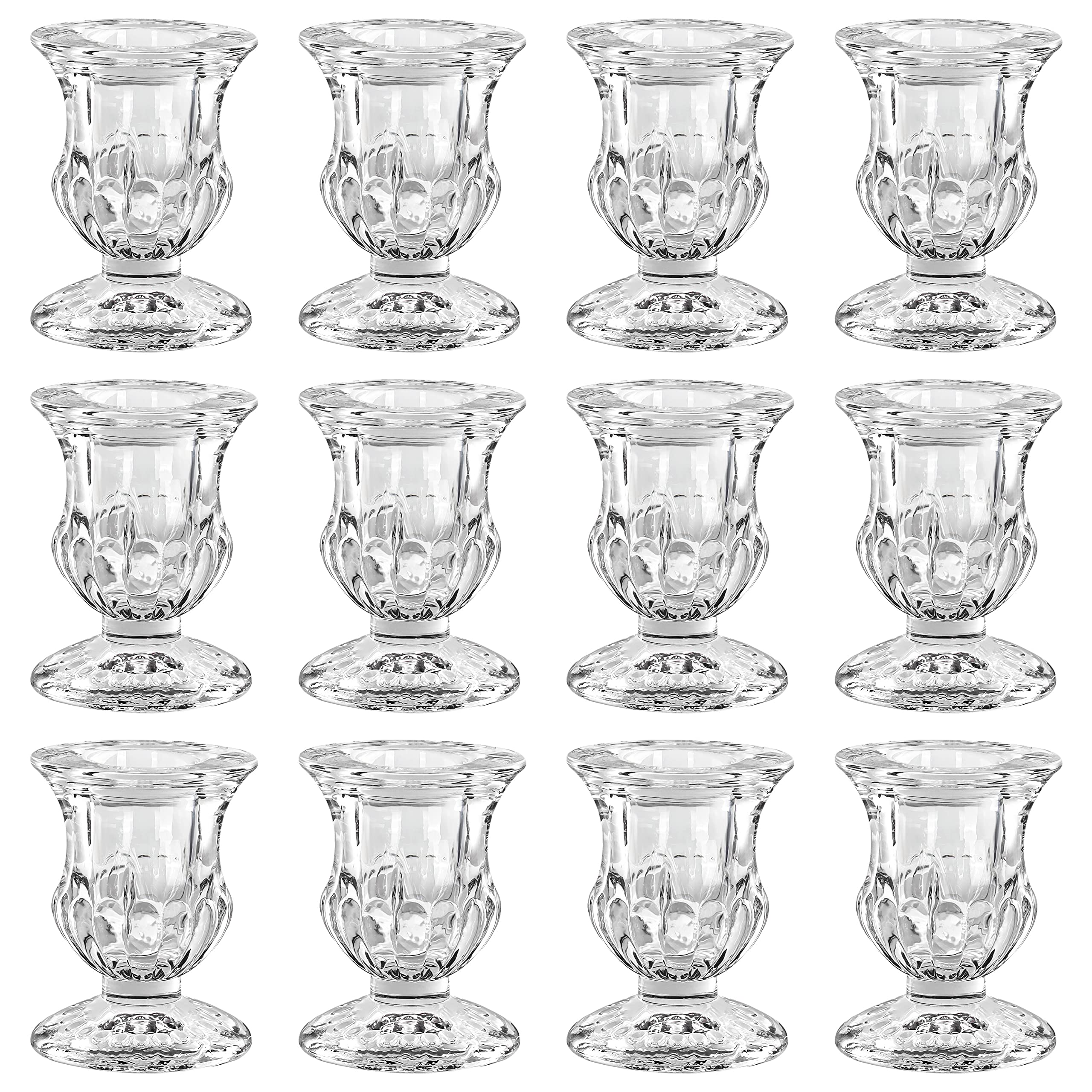 Belle Vous 12 Pack Tapered Candlestick Holder Set - W4.7 x H6.3cm/1.85 x 2.48 Inches - Crystal Clear Glass Holders for Home Ornament, Wedding Table Decoration Centrepiece & Aromatherapy Gift