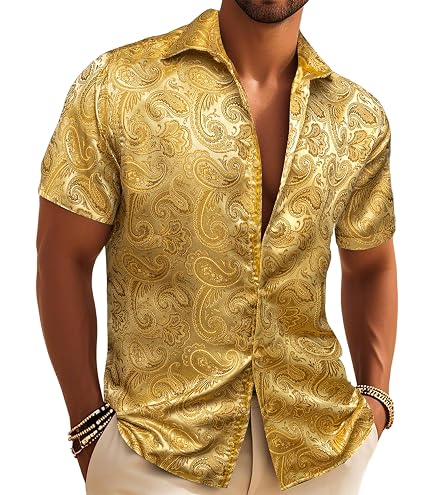 fohemr Mens Baroque Printed Shirt Short Sleeve Button Down Luxury Shirt