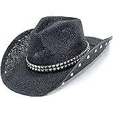 Old Stone Straw Cowboy Cowgirl Hat for Men/Women Unisex Summer Winter Wide Brim Sun Hat Dallas Western Style for Safari Fishing Beach Golf Hiking Multipurpose, Rockstar Black