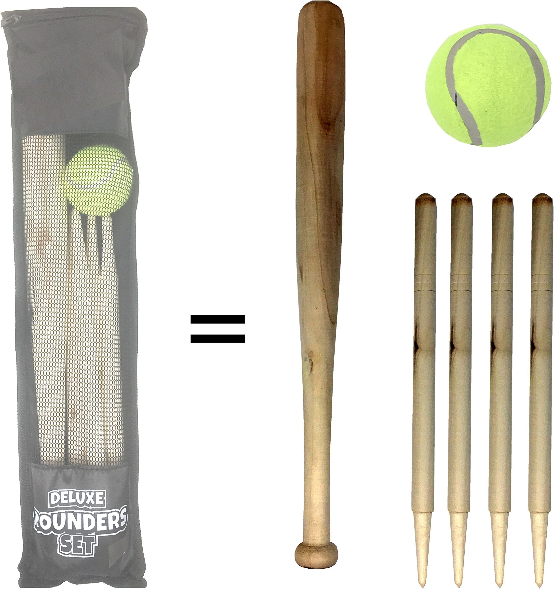 Laeto Wooden Rounders Bat and Ball with 4 Base Markers ideal for Outdoor Fun and Games