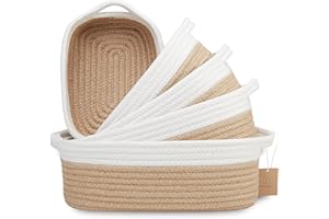 NaturalCozy 5-Piece Rectangle Storage Basket Set- Natural Cotton Rope Woven Baskets for Organizing! Small Basket for Montessori, Baby Nursery, Dog Toy Baskets, Cat Toy Box, Bathroom Organization Bin