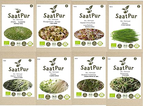 SaatPur Bio-Keimsprossen Sortiment (8 Sorten) Alfalfa, Brokkoli, Daikon Rettich, Kresse, Mungo Mungbohne, Radies, Rauke, Weiz