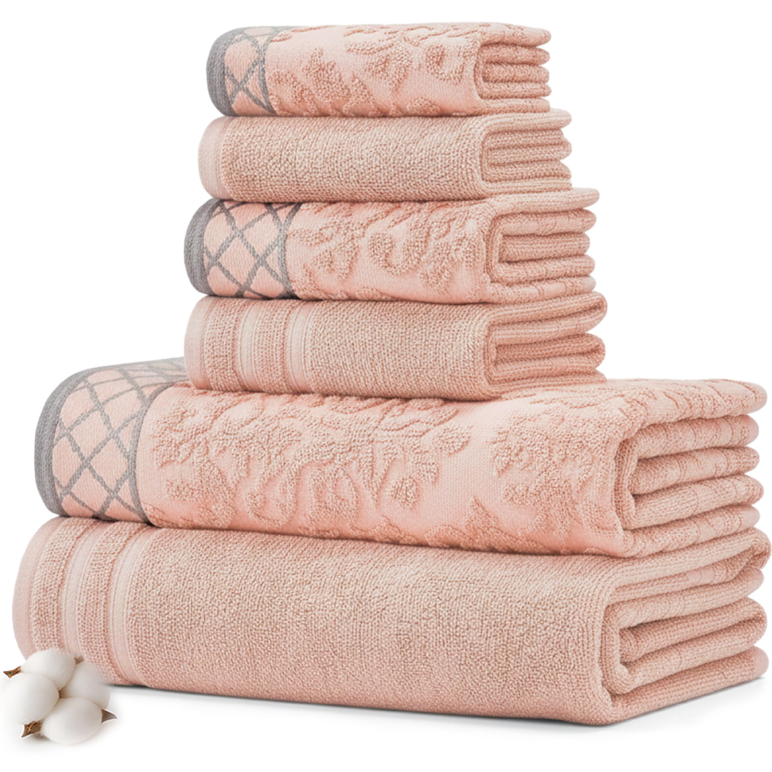 Pacific Coast Textiles Damask Jacquard Towels with Embellished Border, Cotton, Peach, Set of 6