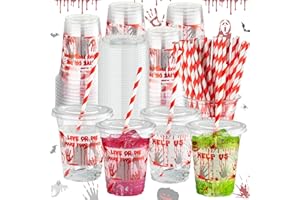 G1ngtar 50Pcs Bloody Halloween Party Plastic Cups - 12 Oz Scary Blood Splatter Disposable Clear Cups with Straws and Lids, Horror Zombie Drinking Beverage Cups for Birthday Party Supplies Decorations